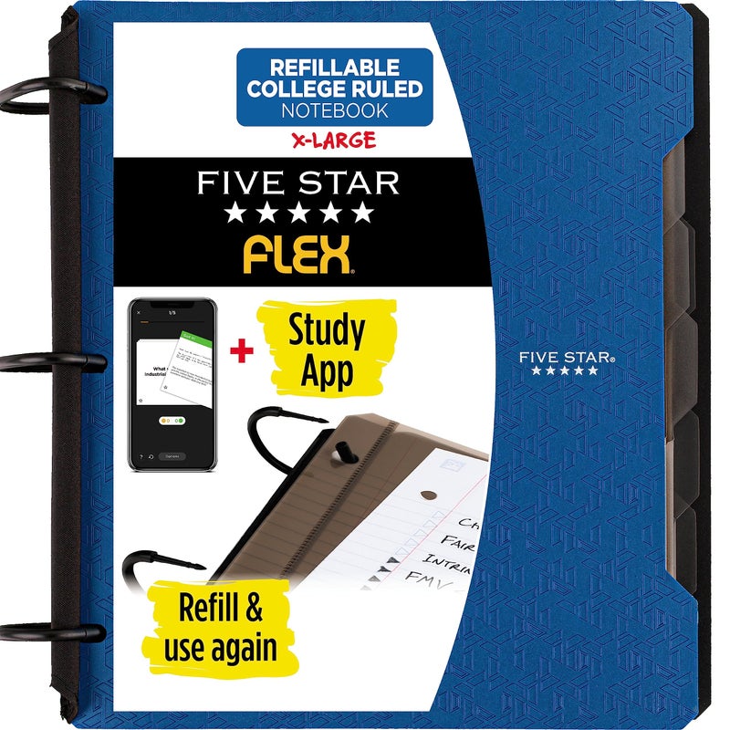 Five Star Flex Refillable Notebook + Study App, College Ruled Paper and 1-1/2 Inch TechLock Ring Binder with Pockets, Tabs and Dividers, 300 Sheet Capacity, Pacific Blue (29324AD2) - Image 1